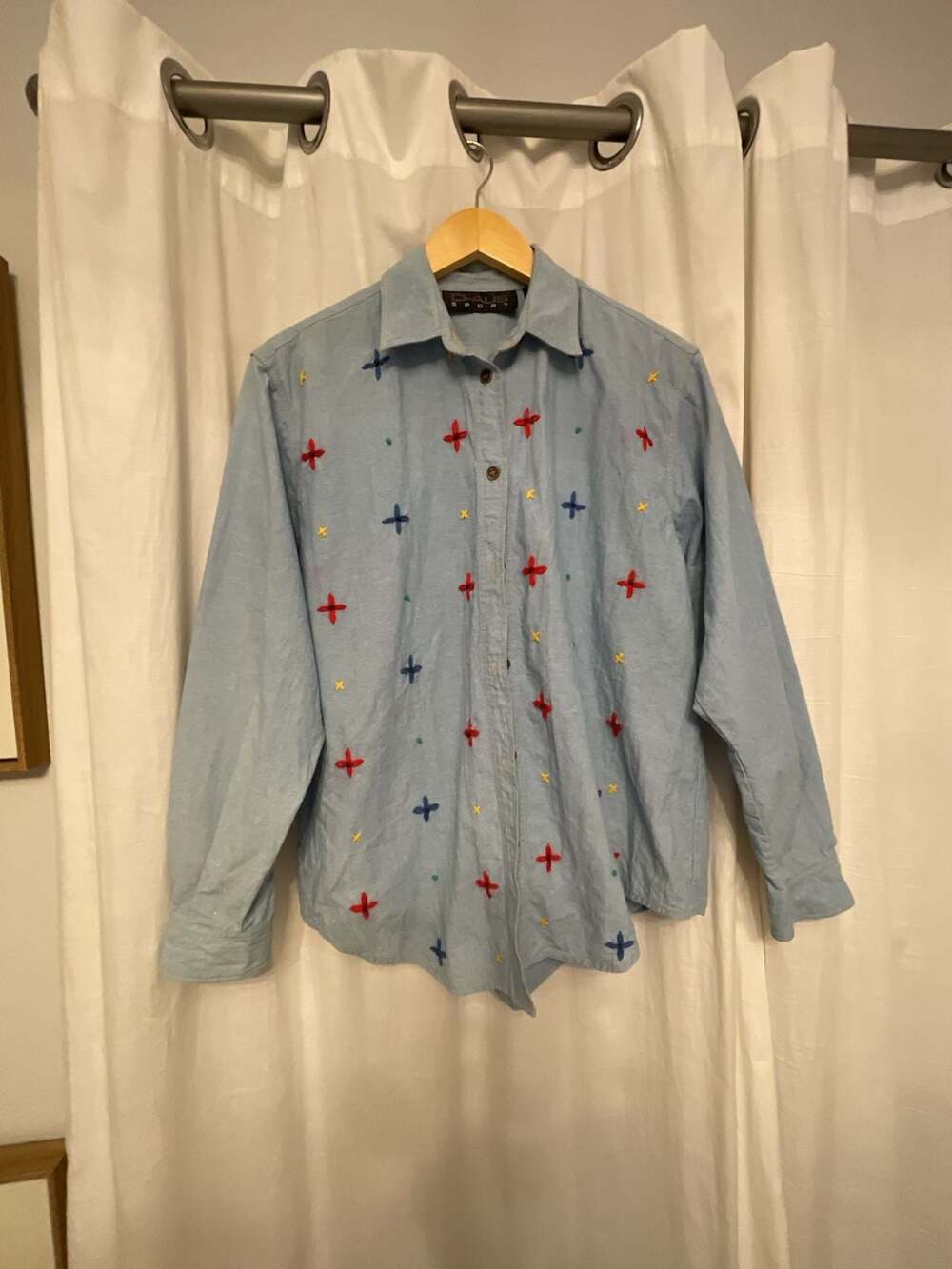 Chaus Sport Vintage Light Blue Cotton Long Sleeve Shirt with Embroidered Stars